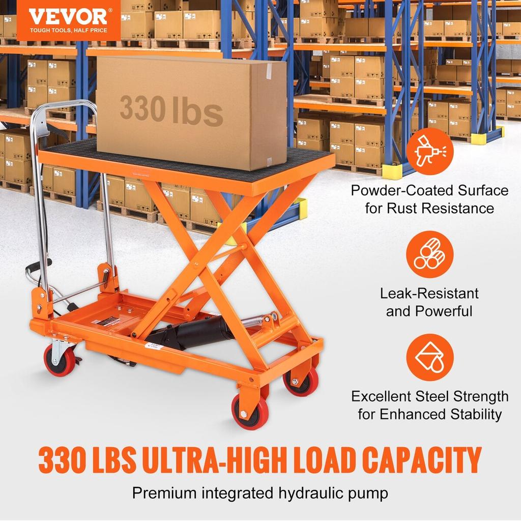 Hydraulic Lift Table Cart, 330lbs Capacity 28.5" Lifting Height, Manual Single Scissor Lift Table with 4 Wheels and Non-slip Pad, Hydraulic Scissor