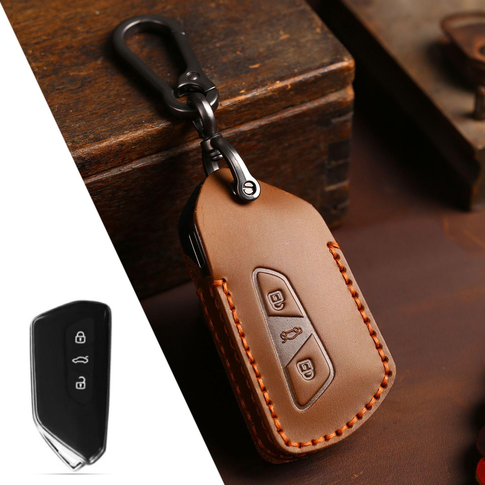 

3button Leather Car Key Cover Keychain Accessories for VW Volkswagen Golf 8 Mk8 2020 Skoda Octavia 3 Remote Protector Case Shell коричневий