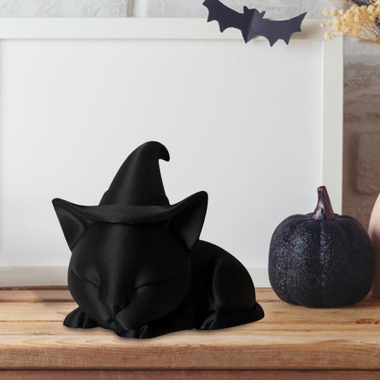 Black Cat Figurine Halloween Decoration Sleeping Witch Cat Sculpture Tabletop Ornament for Indoor Outdoor Garden Porch Desk Decor