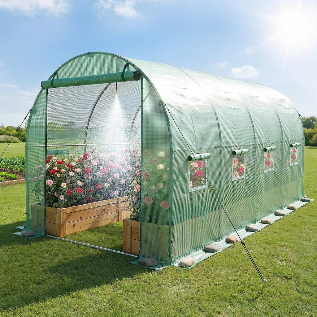 Walk-in Tunnel Greenhouse, 4.48x1.97x1.97 M Hoop House Greenhouse Tunnel with Watering System, Plant Hot House with Steel Frame, PE Cover, Roll-Up