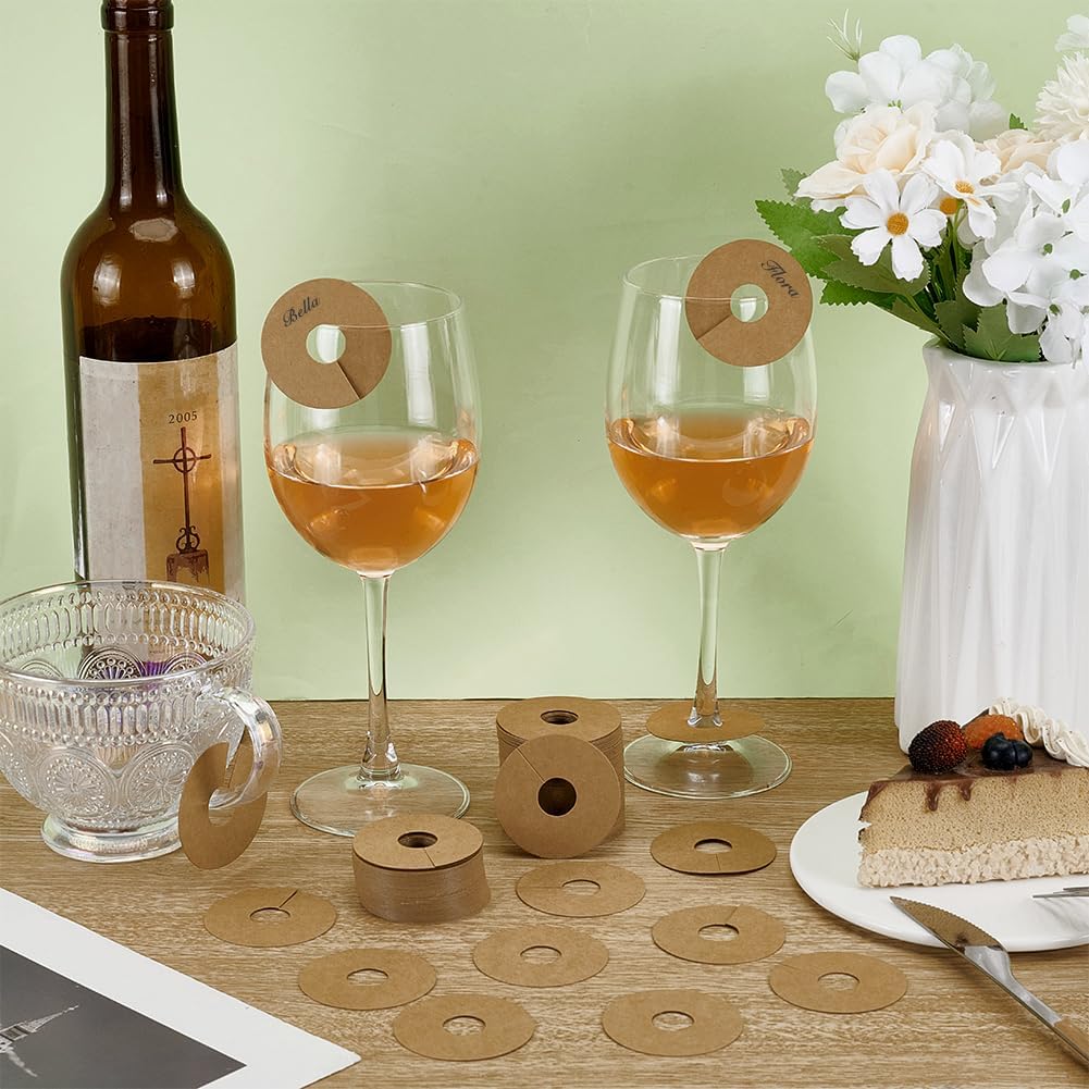 FINGERINSPIRE 200 Pcs Paper Drink Name Tags for Wine Glasses 2inch Round Tan/White Color Wine Glass Marker Blank Wine Glass Charm Cocktail Champagne