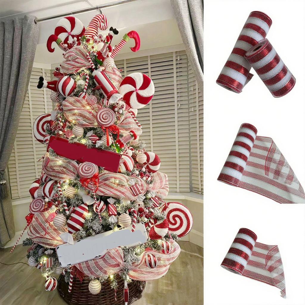 Christmas Candy-colored Red And Whitestriped Net Roll Diy Christmas Tree Decoration Ribbon Ribbon PP Net