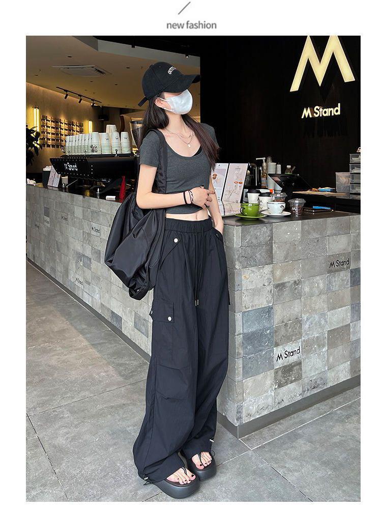 Women's American Spicy Girl Cargo Drawstring Wide Leg Casual Pants - Spring Loose Straight Leg Floor-Length Trousers