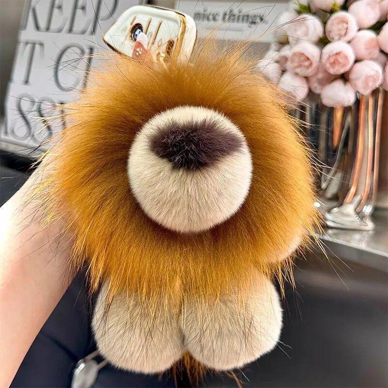 Echter Waschbär- & Rex-Kaninchenfell-Löwen-Taschenanhänger - Niedliche Plüschtier-Damen-Trend-Accessoire