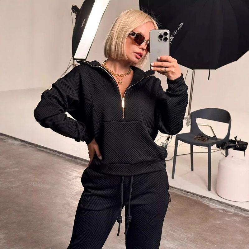 Casual European and American Women Set Solid Long sleeve Zip-up Loose Top Lace-up Pants Two-Piece Set