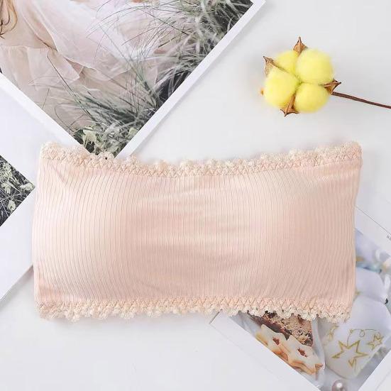 Damski niewidoczny biustonosz bez ramiączek antypoślizgowy Push Up miękki koronkowy wystrój zapobiegający ekspozycji jednokolorowe zapięcie z tyłu elastyczna dama Bandeau Tube Top biustonosz bielizna