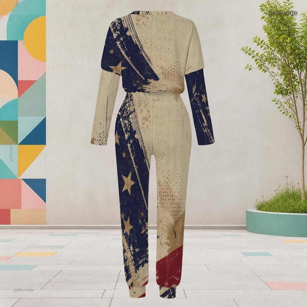 Women Plus Size Round Neck Long Sleeve Printed Two Piece Set Cuffed Top Cuffed Pants With Pockets