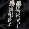 Silver Needle Luxury Rhinestone Flower Tassel Stud Earrings – High-End Fashion Accessory for Women