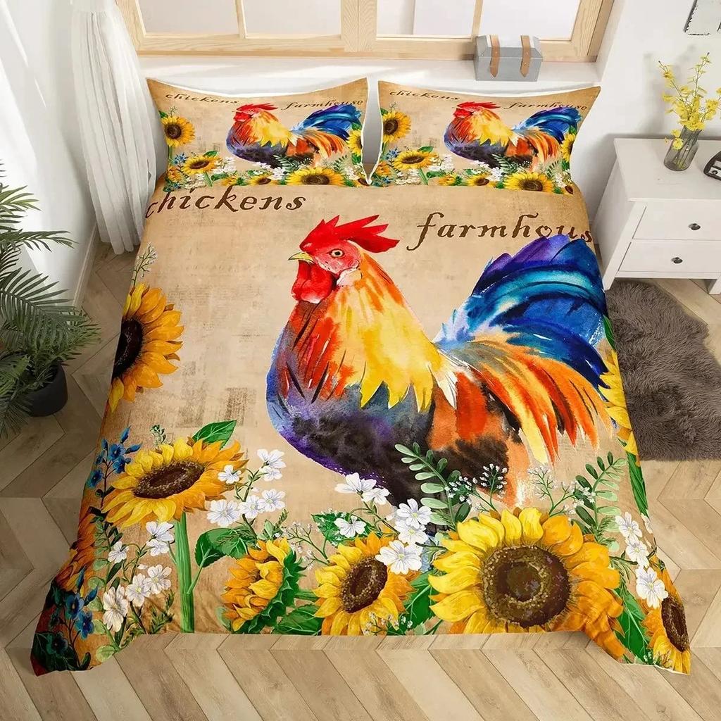 Farm Animal Chicken Duvet Cover Twin King Size Country Sunflower Rooster Comforter Cover Microfiber Rustic Farmhouse Bedding Set