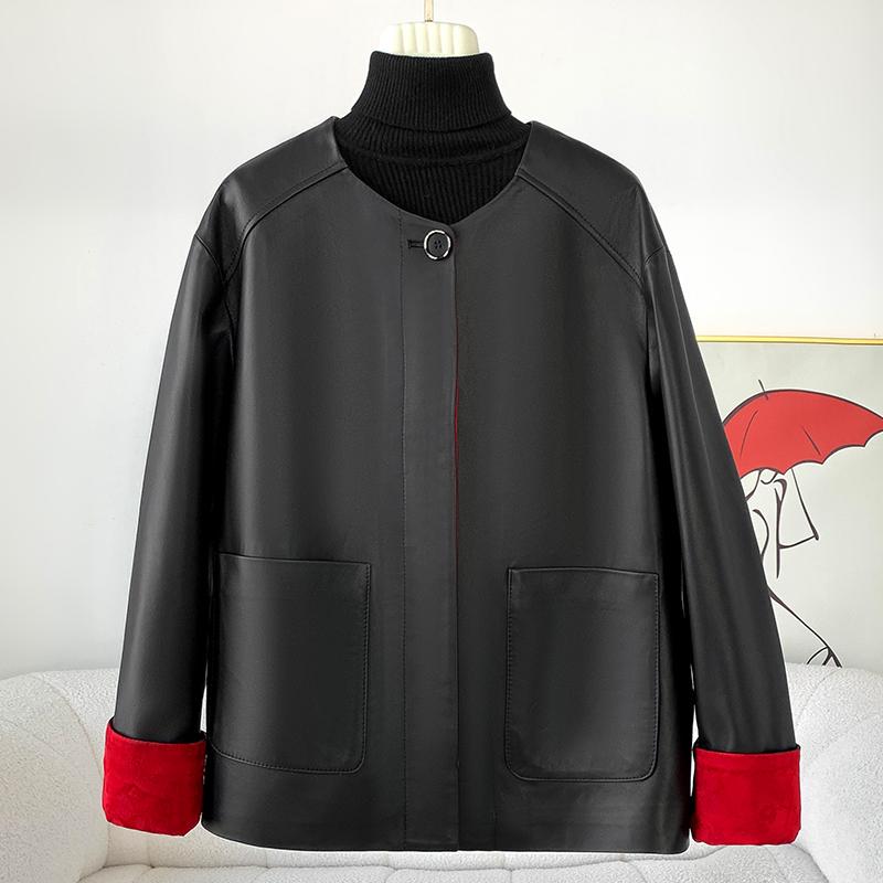 

Весна и осень, новая натуральная кожа, верхний слой из овчины, женская кожаная куртка с круглым вырезом в китайском стиле L