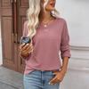 Women's Fashionable V-neck Long Sleeved Solid Color  Knitted Casual Loose T-shirt Top