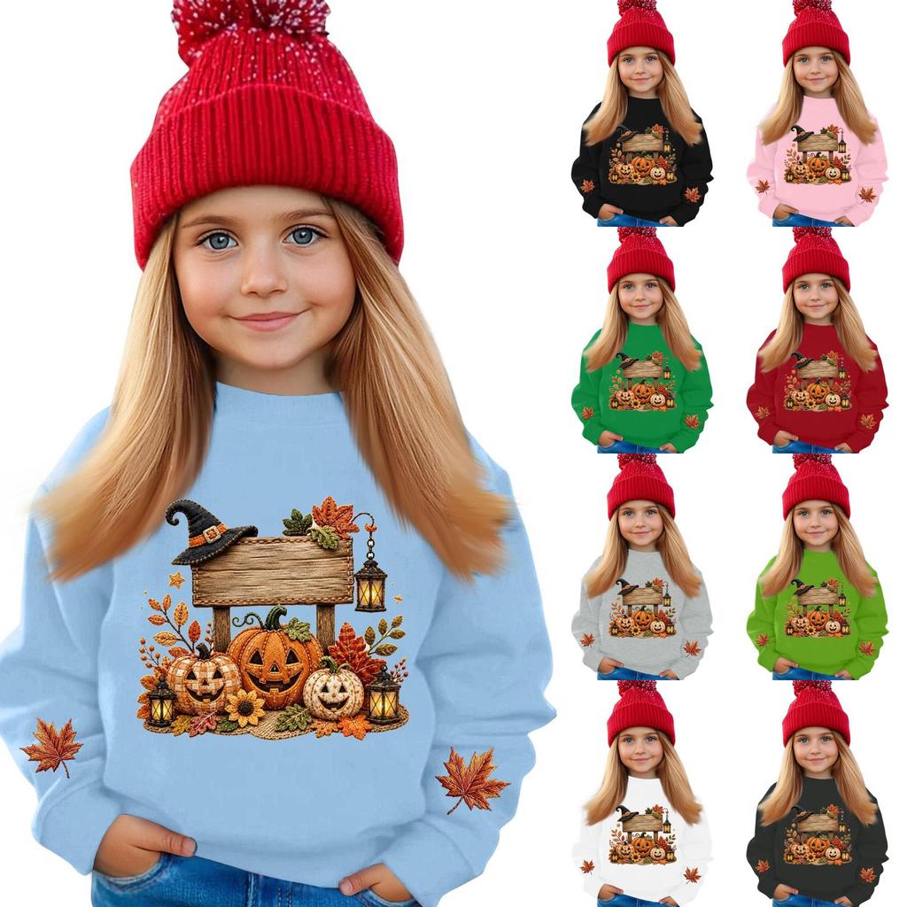 Kids' casual long-sleeved sweatshirt with Halloween print, suitable for holiday parties and everyday wear.