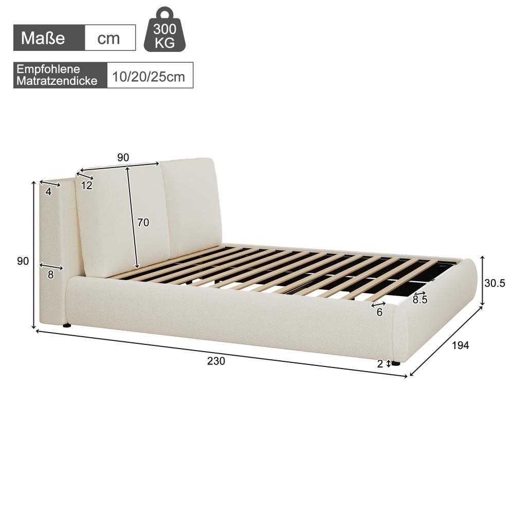 Upholstered Bed, Double Bed, 180*200cm, Hydraulic Functional Bed, Bed with Slat Grate, Headboard & Large Storage Space, Bouclé