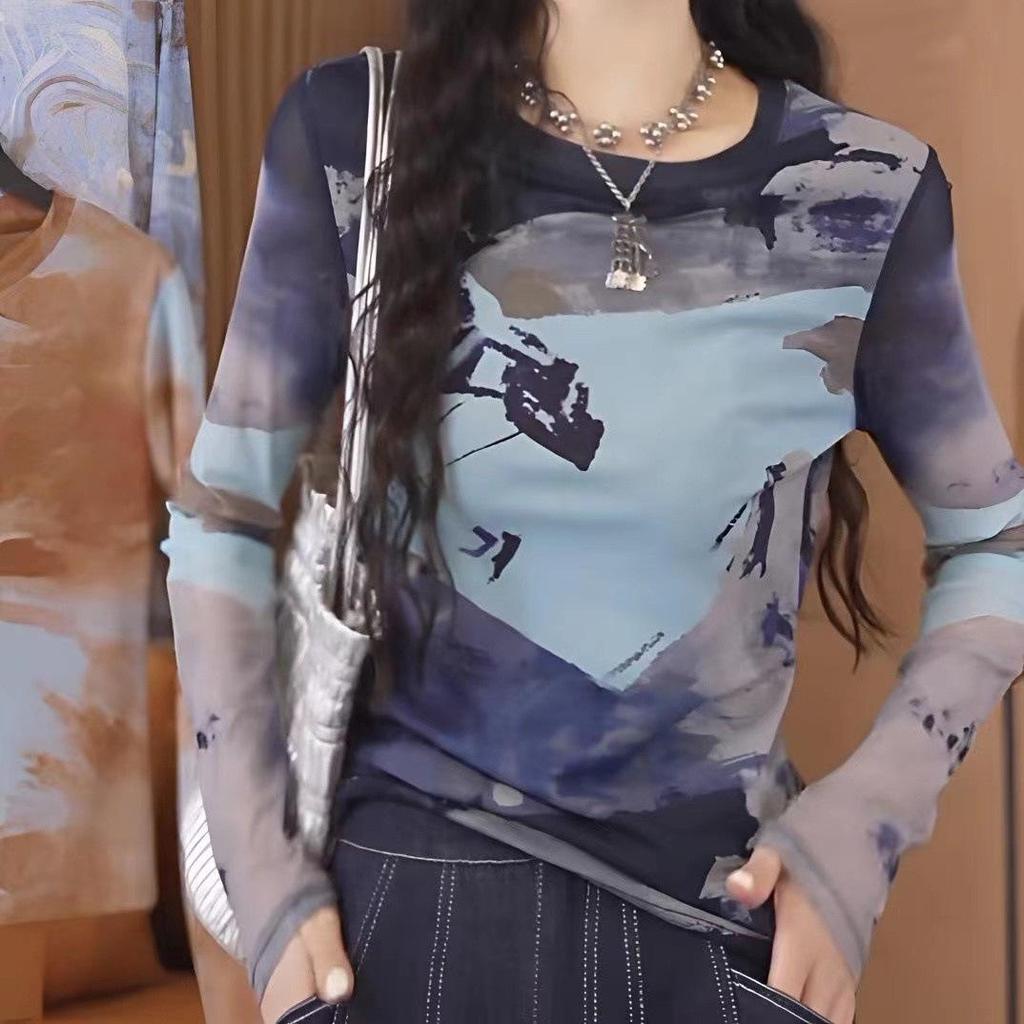 Women's 2025 Retro Print Mesh Long Sleeve T-Shirt – Stylish, Versatile Inner Layer Fashion Top