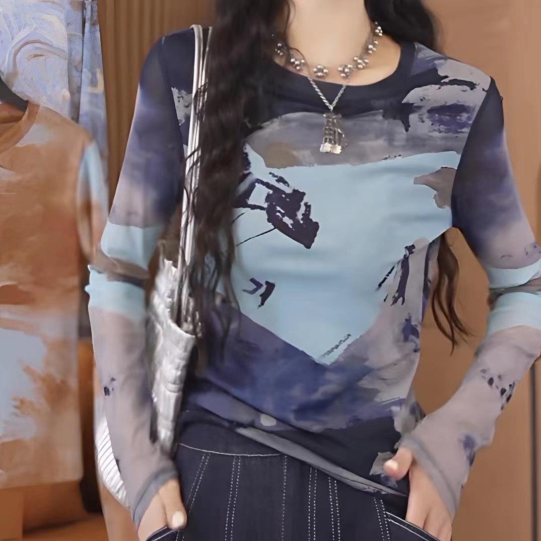 

Женская футболка с длинным рукавом из сетки с принтом в стиле ретро 2025 – Стильный, универсальный модный топ для внутреннего слоя XXL 110-125 cm