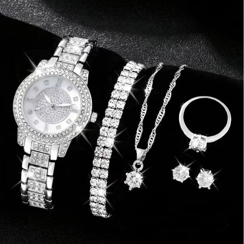 6 Pcs/Set Women's Watches, Luxury Rhinestone Quartz Watch, Roman Fashion Analog Watch and Jewelry Set, Gift for Mom and Her