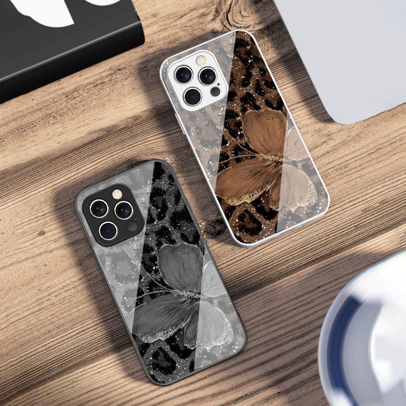 Leopard Purple Butterfly For IPhone 16 Pro Max 15 Pro 14 13 12 Mini 11 XS M ax XR 7 8 Plu SE 2022 Tempered Glass Phone Case