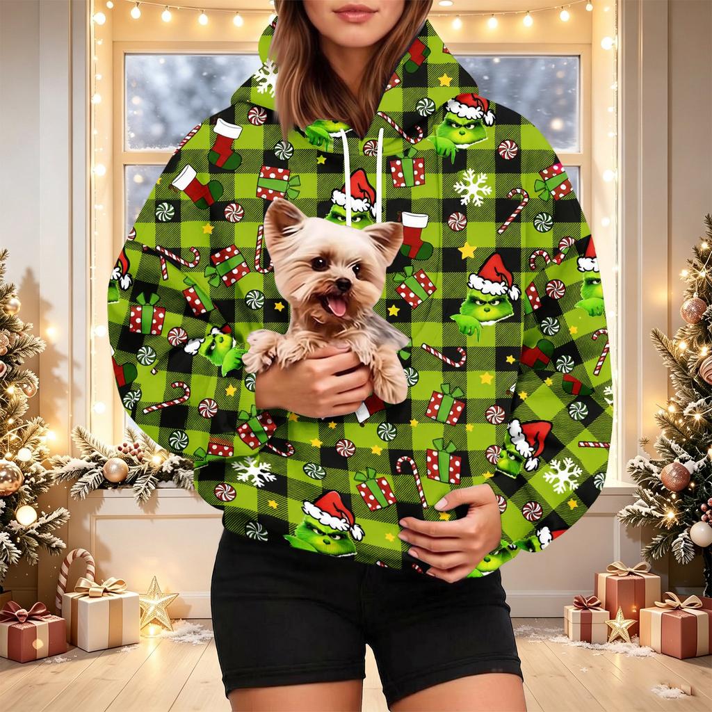 Women's Christmas Print Hoodie with Pet Pocket, Casual Long Sleeve Pullover Sweatshirt