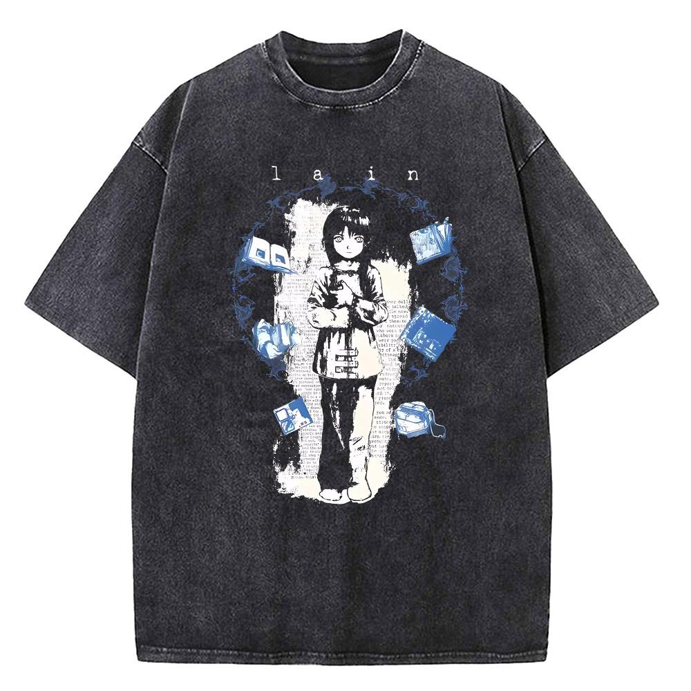 Japanese Anime Serial Experiments Lain Vintage Washed T Shirt Men High Quality Cotton Manga Short Sleeve Fashion T Shirt Women
