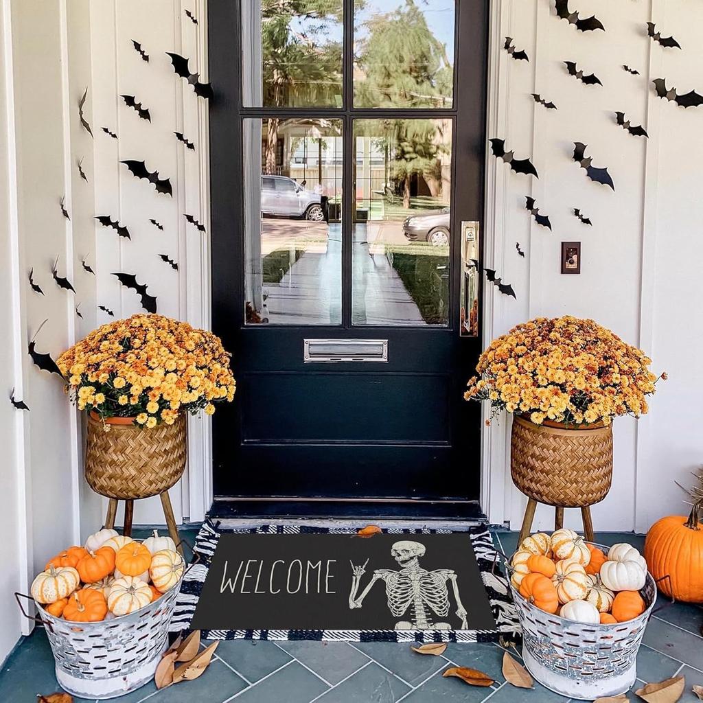 Halloween Skeleton Dancing Mat Soft Crystal Velvet Bath Rug Slip Resistant Entryway Doormat Great for Halloween Home Decor Gifts