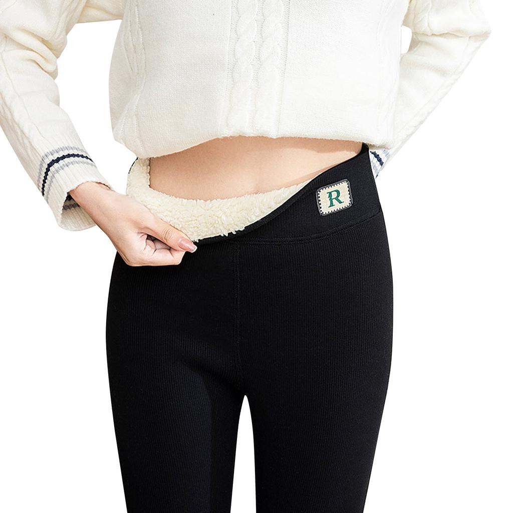 Women's High Waist Casual Pants Color Fleece Thermal Leggings Winter Long Fleece Trousers Plush Running