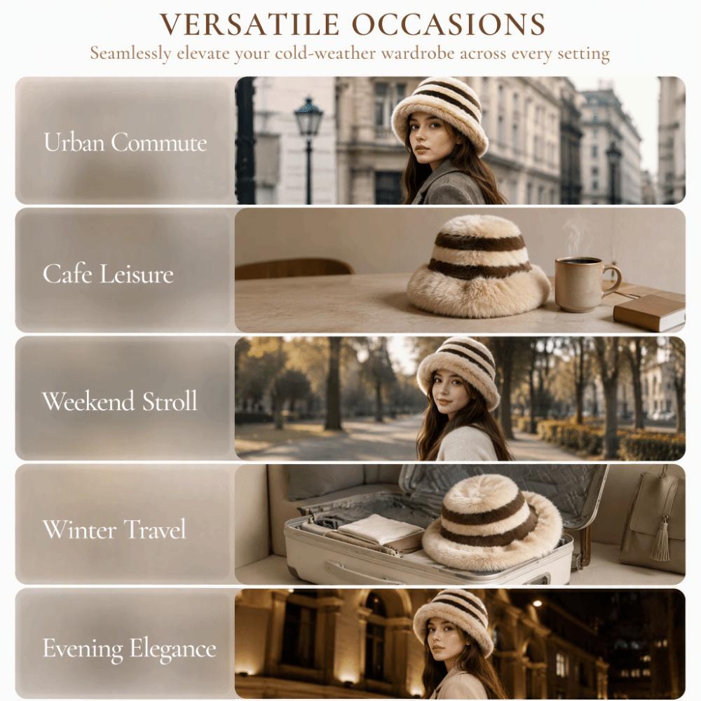 Thickened Faux Fur Hat Striped Winter Trapper Cap Ear Protection Bucket Beanie  Versatile