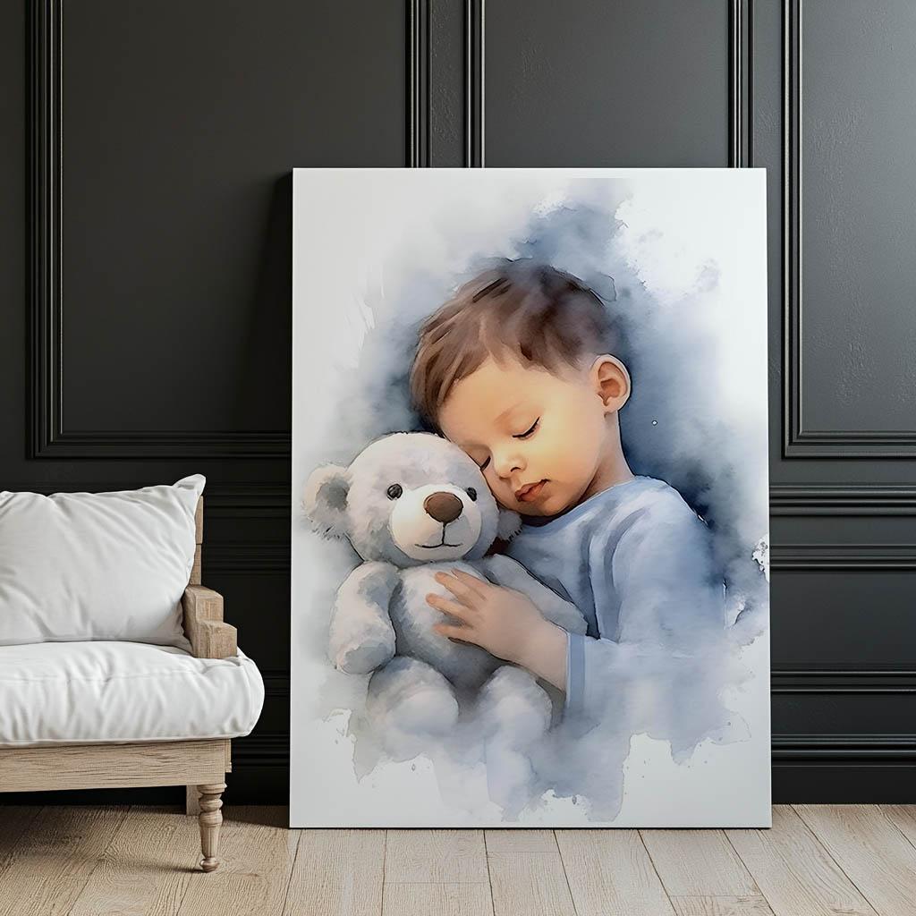 Chłopiec Z Misiem Przytulasem Chłopiec Z Misiem Przytulasem, 70X100 Cm, Rama Aluminiowa Czarna, Papier Matowy 230 Gsm