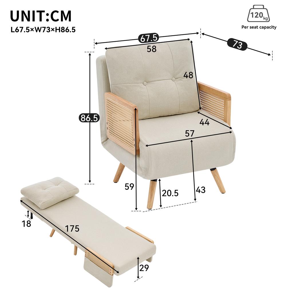 3-in-1 Sleeper Chair with Sleep Function, Foldable Relax Chair & Guest Bed, Lounge Chair with 5-Way Adjustable Backrest and Rattan Armrests, Beige.