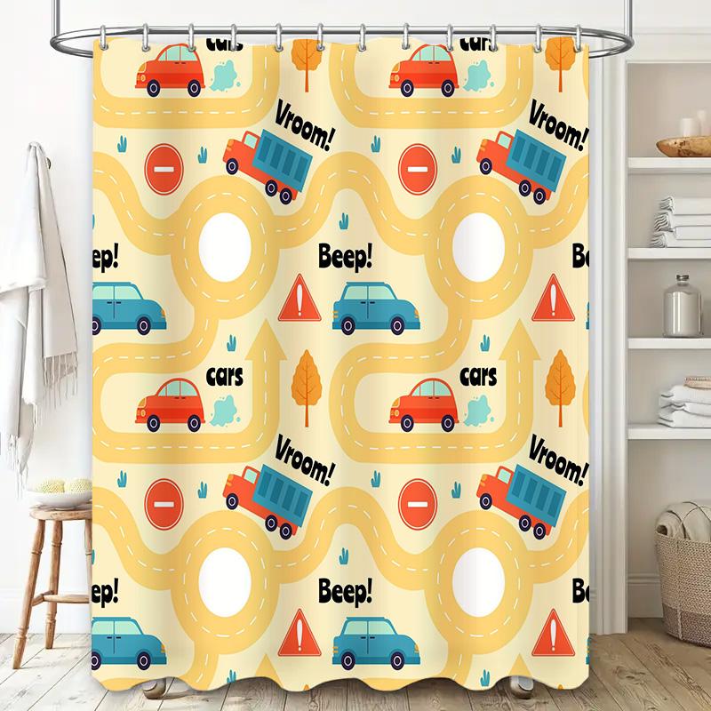 Vibrant Car-themed Bathroom Shower Curtain for Kids Fun Animal Print Waterproof Fabric Shower Curtain with Hooks Set Home Decor