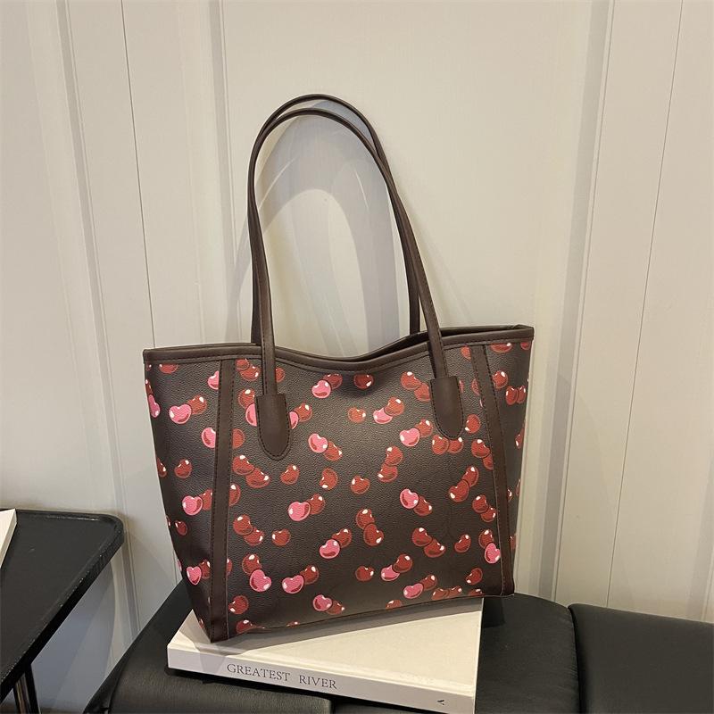Vintage Cherry Print Large Capacity Women Casual Commute Single Shoulder Tote Bag