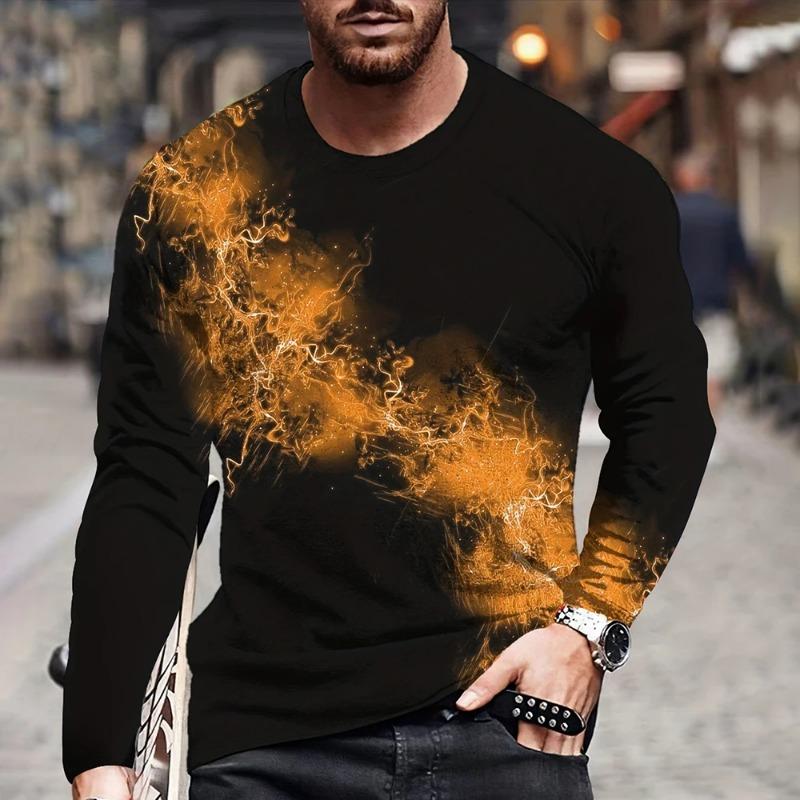 Fall 3D Flame Printing Men's Round Neck Long Sleeve Pullover Fashion Loose T Shirt Retro Street Long Sleeve Round Neck T Shirt