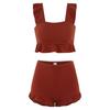 Conservative Knit Bikini Set Ruffle Trim Push Up High Waisted Boy Short Tummy Control Slimming Student Summer Beach Hot Spring Bathing Suit Swimwear
