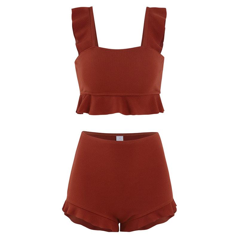 

Conservative Knit Bikini Set Ruffle Trim Push Up High Waisted Boy Short Tummy Control Slimming Student Summer Beach Hot Spring Bathing Suit Swimwear M красный