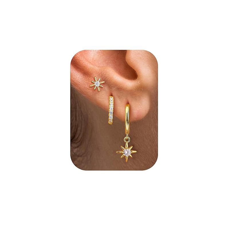 

[Jstyle] set earrings ladies Popularity 925 sterling silver stud multiple combination Allergy friendly 14K gold Smaller hoop cartilage woman 3 pairs