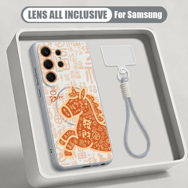 Vintage Lucky Golden Horse Case For Samsung S26 S25 Ultra S24 S23 FE S22 A15 A16 A17 A35 A36 A37 A54 A55 A56 A57 5G Hybrid Magnetic Matte Cover