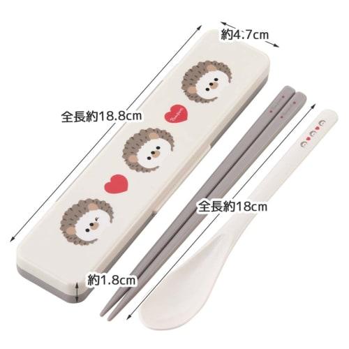 Skater Chopsticks and Spoon Set, Bento Box, Adult, Antibacterial, Combo Set, 18cm, Quiet, Made in Japan, Pompon's Hedgehog Design, CCS3SAAG-A