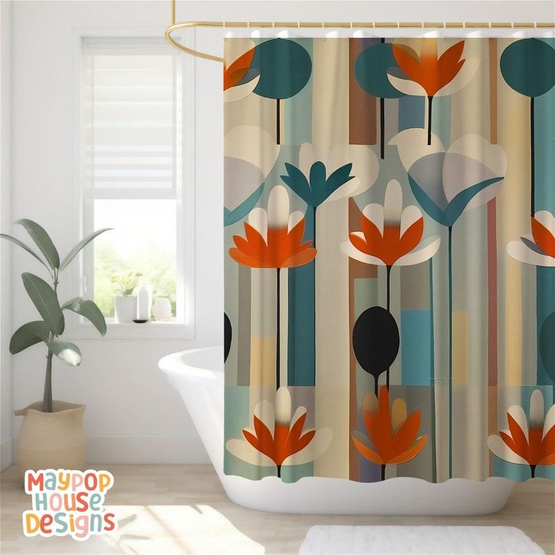 Retro Mid Century Modern Duschvorhang, Orange Türkis Beige Badezimmerdekor, Atomzeitalter Badezimmervorhang
