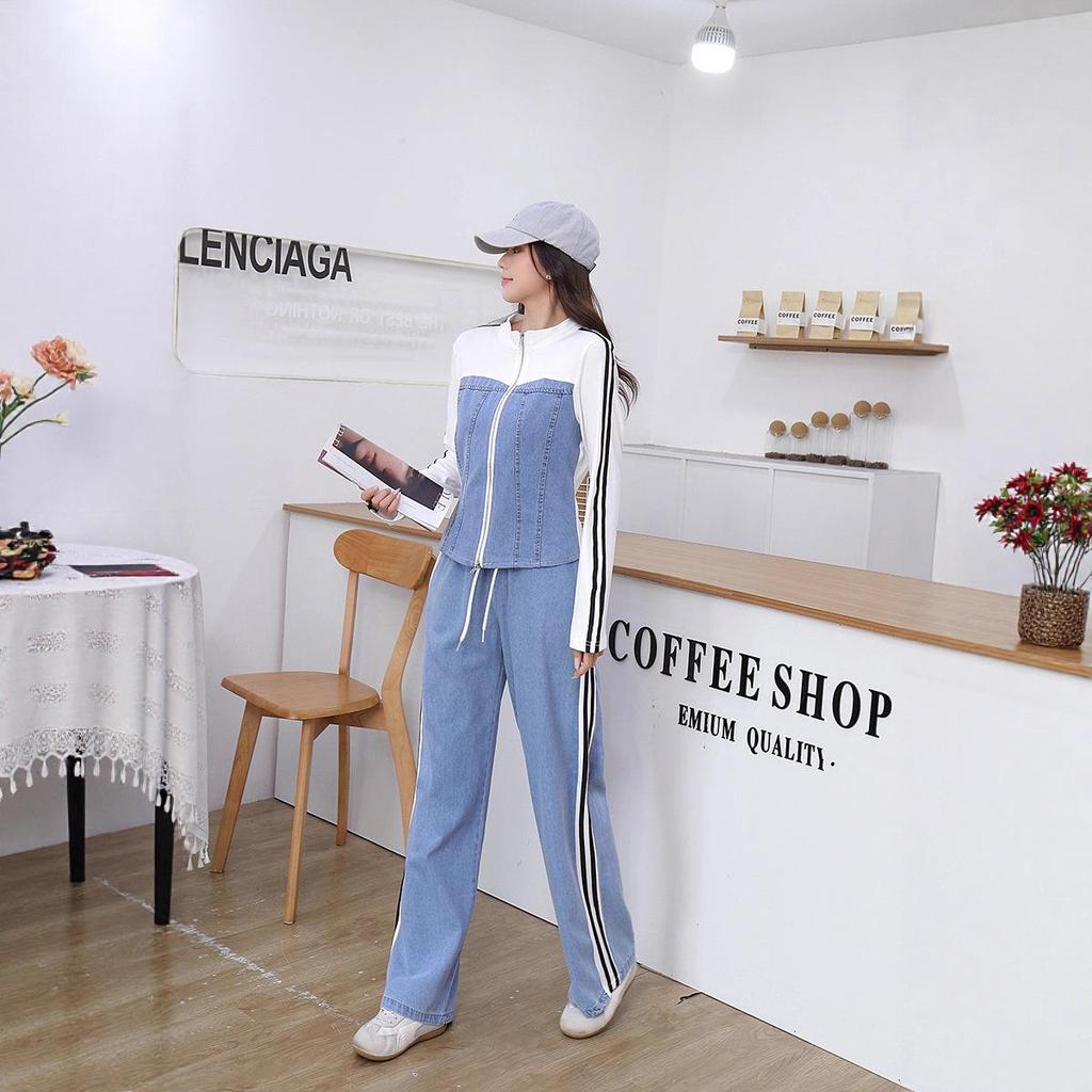 2025 European & American Denim Patchwork Zipper Two-Piece Set: Long Sleeve Top & Wide-Leg Pants for Girls, Spring & Autumn Fashion