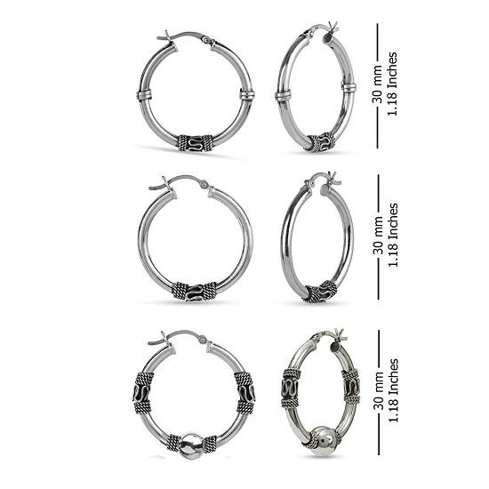 LeCalla S925 Sterling Silver Jewelry Set of 3 Pair Antique Click-Top Bali Hoop Earring for Women 30MM