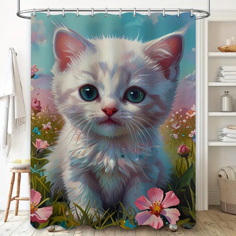 White Cat Shower Curtain Vivid Print Bathroom Decor for Kids Room Flower Pattern Waterproof Fabric Perfect Gift for Pet Lovers (