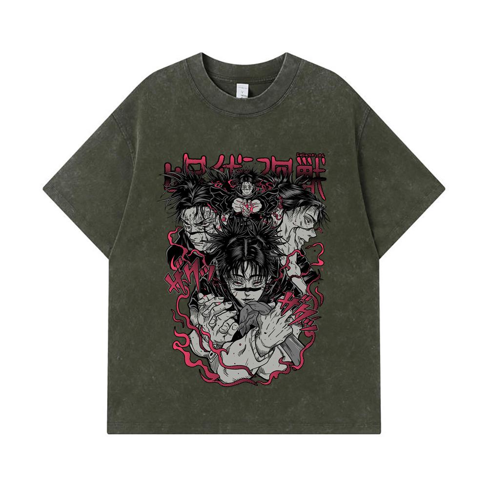 

275 GSM Washed T-shirts 100% Cotton Jujutsu Kaisen V17 Choso Print Unisex Heavy Cotton T Shirt S армия зеленый