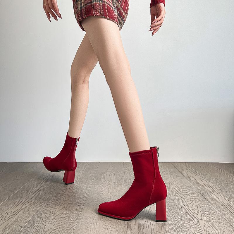 High heels wedding shoes women's 2025 new autumn and winter Xiuhe shoes wedding shoes Chinese red short boots retro thick heel bride shoes