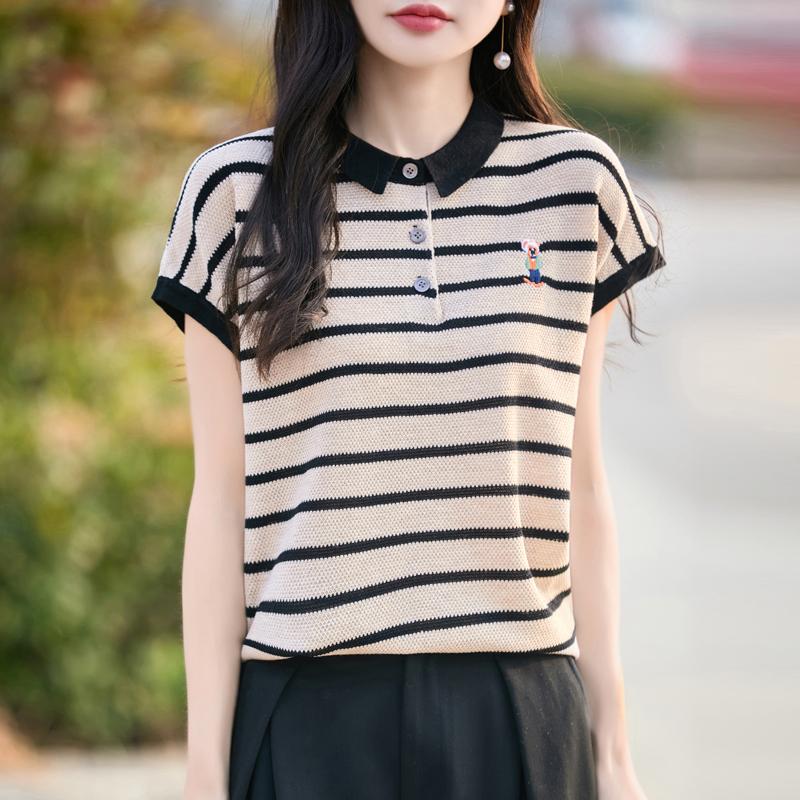 Women Knit T-shirt 100% Wool MODERN NEW SAGA Summer Knitted Shirt Short Sleeve Tees Turn-down Collar Patchwork Pullover Knit Tops