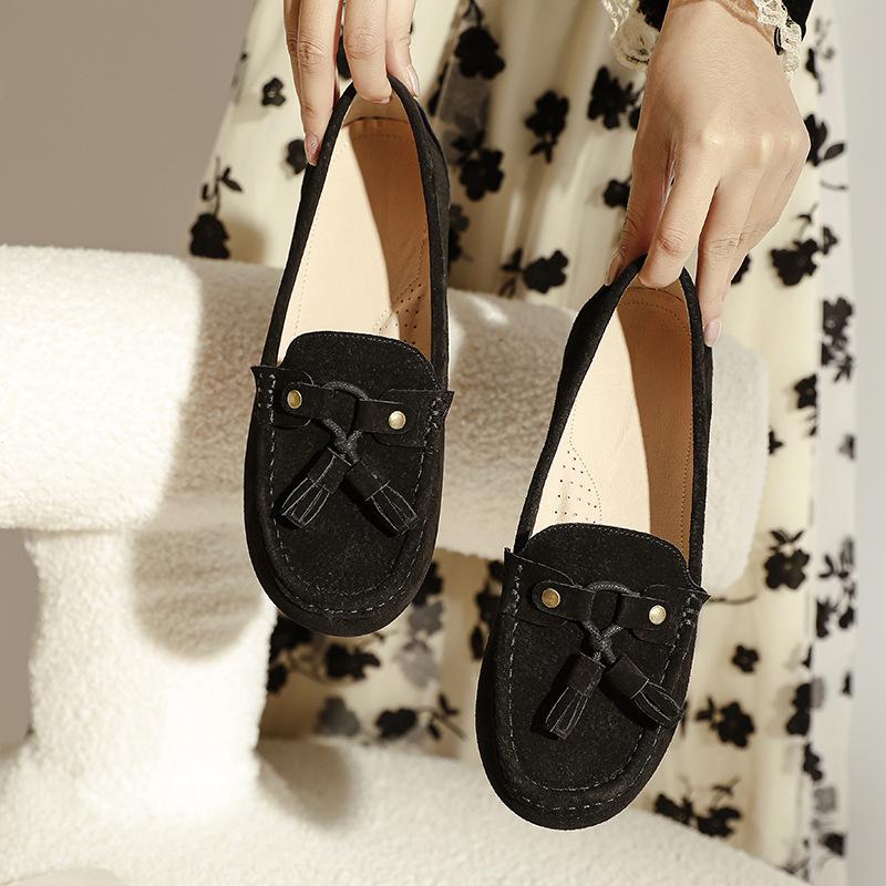 Módní Dámské Mokasíny z Pravé Kůže Semišové s Třásněmi Mujer Pohodlné Boty na Bosou Nohu Dámské Celoroční Lodičky Boty do Lodi