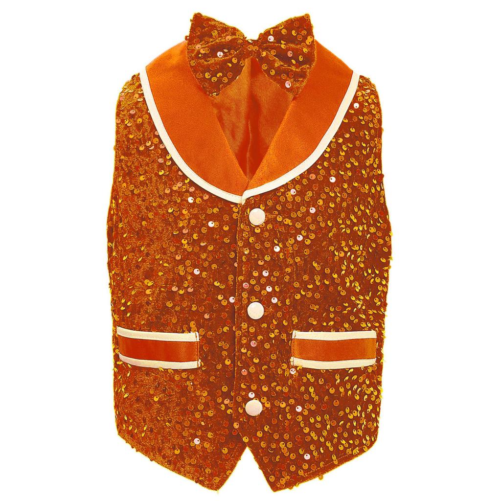Unisex Kids Metallic Sequins Dance Vest Sparkling Buttons Irregular Hem Waistcoat Bowtie Party Costume