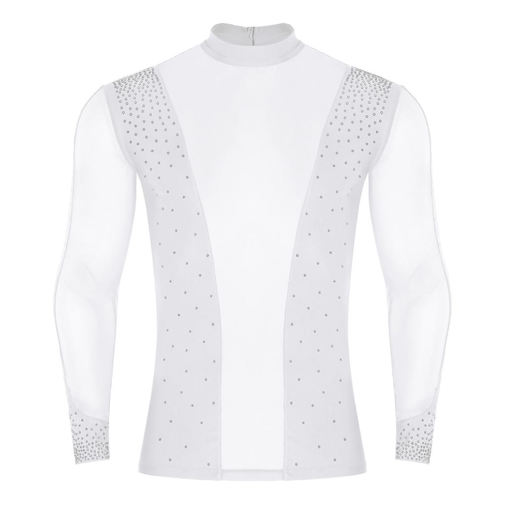 Mens Latin Dance Top Sheer Mesh Patchwork Shiny Rhinestone Mock Neck Long Sleeve T Shirt Stage Performance Blouse