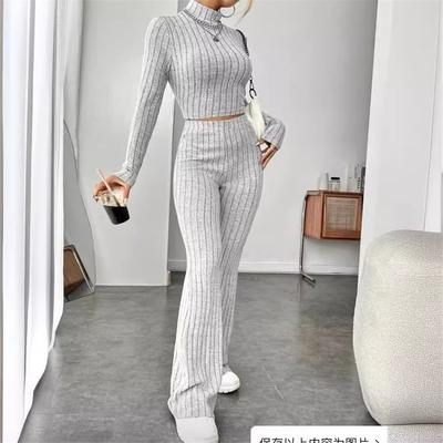 Autumn And Winter Fashion Solid Color Knitted Long Sleeve High Neck Shirt, Wide Leg High Waist Pants Set
