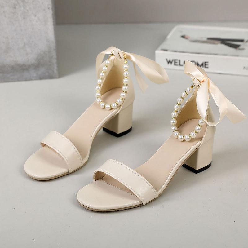 

Fairy style with skirt bow pearl thick heel sandals female summer 2025 new French temperament high heels 42 бежевый