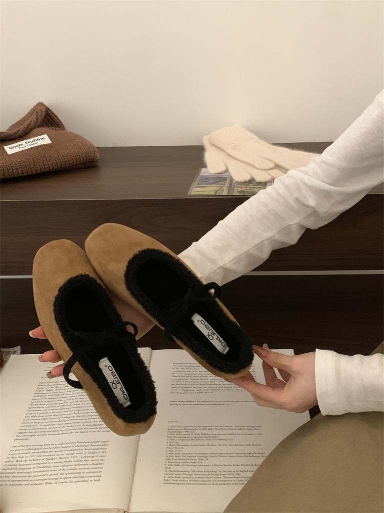 French flat-bottomed retro suede square head velvet Mary Jane shoes women's autumn and winter new one-pedal thermal cotton ladyshoes
