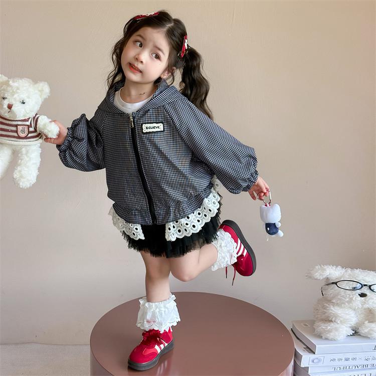 Girls' Plaid Lace Trim Hooded Jacket - Fall 2025 Korean Style